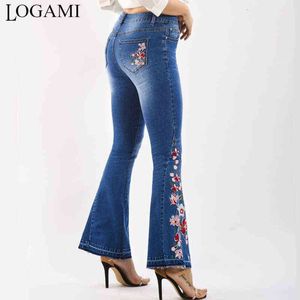 LOGAMI Embroidery Jeans Woman Skinny Flare Pants Denim Ladies Casual 211129