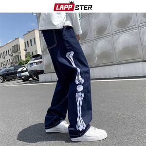 Lappster Men Skelett Baggy Casual Pants Mens Japanska StreetWear Wide Ben Denim Trousers Man Y2K Blue Vintage 211108