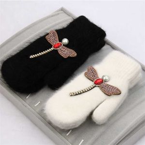 Rękawice damskie Zimowe Kryształ Dragonfly Rabbit Fur Marka Rękawiczki do Kobiet Podwójne Ciepłe Full Finger Mittens Christmas Gifts 220113