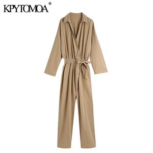 Women Fashion With Belt Side Pockets Striped Jumpsuits Vintage Long Sleeve Elastic Waist Female Playsuits Mujer 210416
