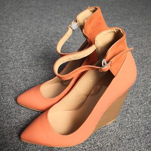 Handmade Womens Real Photos Wedge Heels Dress Shoes Buckle Ankle Strap Evening Party Prom Fashion Daily Wear Court Pumps D536