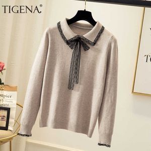 TIGENA Women Sweaters and Pullovers 2020 Autumn Winter Korean Lace Turn-down Collar Knit Sweater Female Jumper Women Knitwear X0721