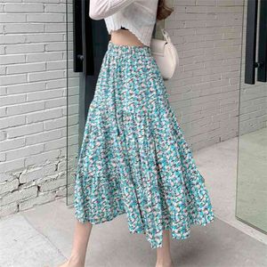 Vintage Floral Printed Tulle Pleated Mi-long Women Skirts High Waist Loose Female Umbrella Spring Summer 210529