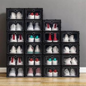 Zagęścić plastikowe pudełka obuwnicze Wyczyść pyłoszczelne pudełko do przechowywania obuwia przezroczyste flip Candy Color Stackable Shoes Organizer Boxes Hurt Pro232