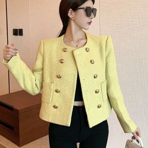 Women's Jackets High Quality 2021 Autumn Winter Yellow Tweed Jacekt Coat Women Fashion Double-breasted Pockets Blends Wool Short Outerwear