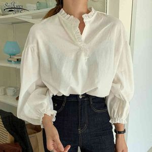 Fashion Cotton Lantern Sleeve Women Shirts Casual Plus Size Female Clothing Pullover Solid White Ladies Blouse Tops 12532 210508