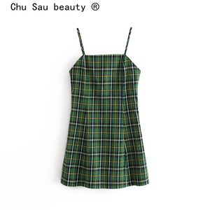Chu Sau Schönheit Sexy Stil Vintage Plaid Gedruckt Midi Strap Kleid Frauen Süße Chic Dünne Mini Kleider Vestidos De Verano 210508