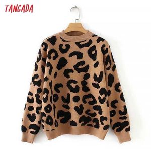 Женщины Тангада Леопард вязаный свитер Зимнее животное Печать толстые длинные рукава женские пуловеры повседневные вершины 2x05 211011