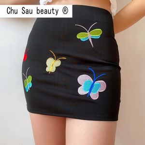 Fashion Streetwear Butterfly Embroidery Short Skirts Chic Black A line Mini Skirt Casual Punk Women 210514