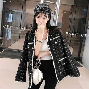 Fall Winter Coat Fashion Plaid Women's Wool Blends Jacket Single Breasted Tweed Small Fragrance Black Outerwear 210514