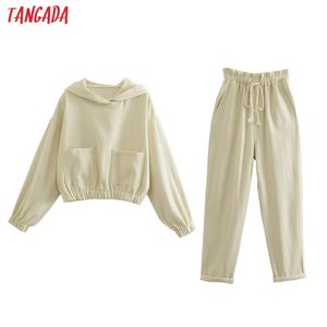 Mulheres Tracksuit Sólida Bege Colheita Capuz Suéter e Calças Terno 2 Peças De Conjuntos Ternos QD32 210416