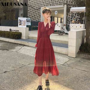 Wiosna Summer Women Szyfonowa Dress Vintage Dott Dog Długim Rękawem V-Neck Casual Luźne Suknie Boho Vestidos Plus Rozmiar 4x 210423