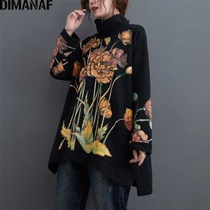 Dimanaf oversize Women Hoodies Felpette per pullover Lady Tops Floral Stampa Turtleneck Autumn Inverno Cotton Spesso Abbigliamento sciolto 211220