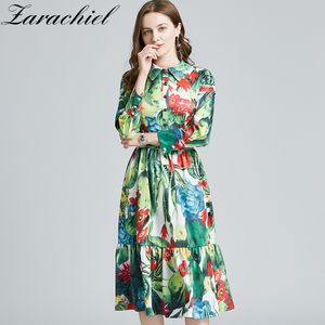 Spring Runway Floral Green Midi Women Diamonds Single-Breasted Long Sleeve Cactus Flower Print Ruffles Holiday Dress 210416