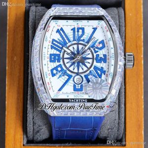 RF Vanguard v45 SC DT DIO Diamonds Case A21J Automático Mens relógio Branco Dial Big Number Markers Blue Leather Borracha 2021 Bling Jóias Hip Hop Watches Puretime F03G7