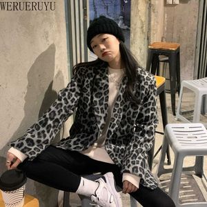 Werueruyu mulheres manga longa colar de lapela leopardo de lã espessa midi casaco casaco de casaco feminino casaco streetwear sobraática 210608