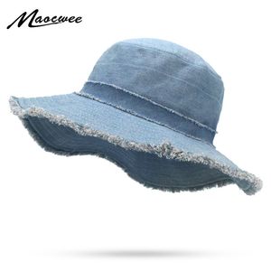 Womens Denim Bucket Hat Male Korean Style Casual Cowboy Fishing Caps Fashionable Spring Summer Cool Jeans Tassel Sun Hats 211119