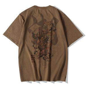 ファッション中国のヴィンテージモンキーキング刺繍Tシャツ男性ストリートウェアTシャツヒップホップ4xl服ブラウンコットン
