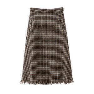 Khaki Plaid Faux Woolen Knee Length A-line Skirt Tassel Zipper Vintage Elegant Fall Winter S0289 210514