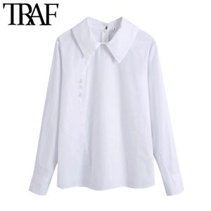 여성 패션 버튼 장식 흰색 블라우스 빈티지 옷깃 칼라 긴 소매 여성 셔츠 세련된 탑 210507