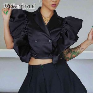 Camicia nera con volant patchwork per donna Camicetta casual a maniche corte con risvolto S Abbigliamento moda femminile Elegante 210524