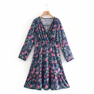 Frühling Frauen Tulpe Druck V-ausschnitt Rüschen Saum Mini Kleid Weibliche Lange Hülse Kleidung Casual Dame Lose Vestido D7298 210430