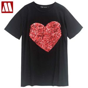 MyDbsh 2021 Sommar Kawaii Sequined T Shirt Kvinnor Casual Cotton T-shirt Lady Sequin Red Heart Tops Slim Harajuku Tee Shirt Femme x0628