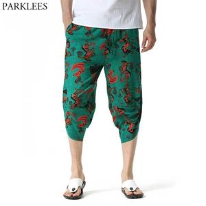 Męskie Afiran Print Harem Boho Spodnie Casual Bawełna Szerokiej Nogi Worki Pościel Spodnie Oddychające Lato 3/4 Plaża Spodenki Spodnie 3XL 210522