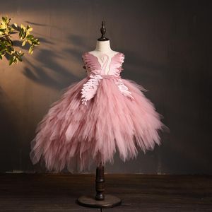 Tjejens klänningar Elegant Swan Crystal Tulle Flower Girl Dress For Wedding Kids Pagant Evening Gown Födelsedagsfest Feather Lace Princess