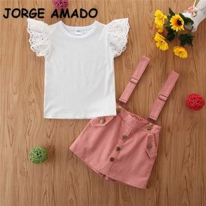 Summer Kids Girls Set da 2 pezzi T-shirt con maniche in pizzo bianco + pantaloncini da tuta Abiti di moda E1070 210610