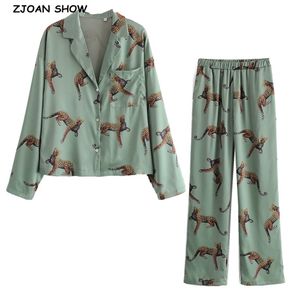 Causal Animal Leopard Satin Shirt Pajama Suits Elastic Waist Wide Leg Pants Women Loose Long Sleeve Blouse Tops 2 Pieces Set 210429