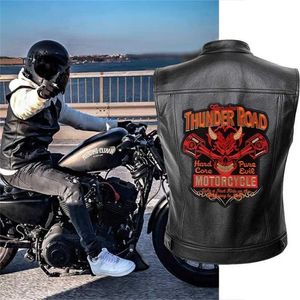 Thunder Road Men Biker Jackor Vest Solid Färg Läderjacka Punk Motorcykel Jacka Broderi Jacka Korta Jackor 211106