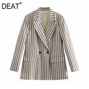 [DEAT] Spring Fashion Coat Loose V-Neck Dubbelbröst Stripe Långärmad Temperament Kvinnor Blazer 13C925 210527