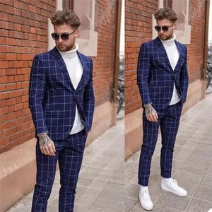 Handsome Navy Kolla anpassade Mens Bröllop Tuxedos Slim Fit Plaid Groom Wear Dinner Prom Party Blazer 2 stycken (jacka + byxor)