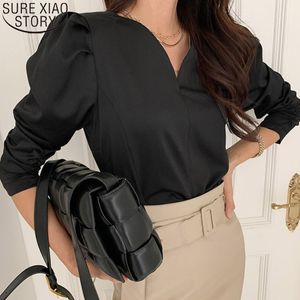 Pamuk Bluz Ofis Lady Puf Zarif V Yaka Uzun Kollu Bluzlar Bahar Kore Chic Gömlek Siyah Blusas Mujer Tops 12899 210417