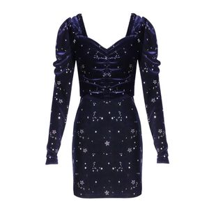 Marinho azul preto estrela veludo manga longa mini lápis curta vestido v pescoço impressão inverno outono elegante sexy d0828 210514