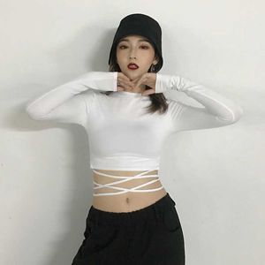 Spring And Autumn Short High-Waist Lace-Up T-Shirt Women's Tight Long-Sleeved White Crop Top Sexy Fashion Jazz Dance 210604