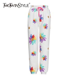 Twotwinstyle Drukuj Floral Plus Kaszmirowy Spodnie Dla Kobiet Wysoka Talia Lace Up Harem Spodnie Kobiet Moda Odzież Jesień 210517