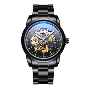 Mechanische Herrenuhren, automatisches Uhrwerk, skelettiertes Zifferblatt, schwarze PVD-Beschichtung, sportliche Herren-Armbanduhren mit Automatikaufzug