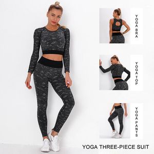 Completo da yoga Completo da allenamento Pantaloni slim senza cuciture Allenamento da esterno Reggiseno sportivo mimetico ad asciugatura rapida Manica lunga Set da tre pezzi