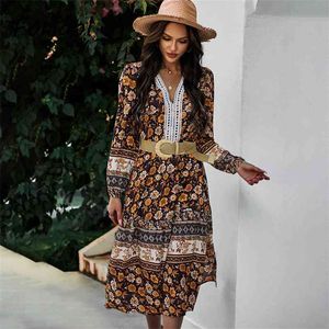 Foridol Crochet Hollow Out Long Sleeve Bohemian Dress Women Floral Print Slit Maxi Long Dress Elegant Vintage Black Dress 210415