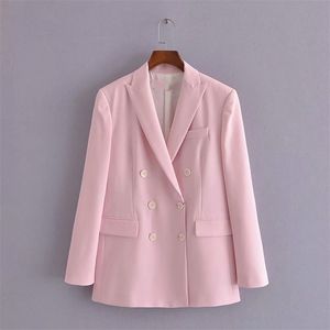 Pembe ZA Blazer Kadınlar Uzun Kollu Kruvaze Düğme Vintage Blazers Ceket Kadınsı Şık Yanlış Welt Cep Giyim Top 211006