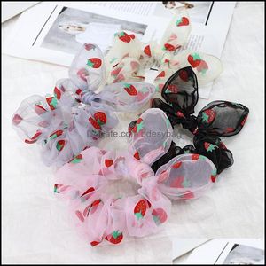 Rubber Jewelry Jewelry Korea Bunny Ears Chiffon Scrunchie Elastic Bands Bow Rope Headband Stberry Print Girls Hair Ties Aessories Drop Deliv