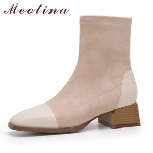 Meotina Mulheres Ankle Botas Sapatos de Couro Real High High Heel Botas Curtas Quadrado Toe Heels Chunky Slip em Botas Estrias Damasco 33-40 210520