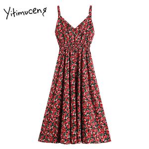 Yitimuceng vintage blommig pint spaghetti rem höga midja mini klänningar kvinnor v-neck a-line sommar koreansk modeklänning 210601