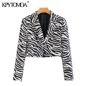 Women Fashion Zebra Print Cropped Blazer Coat Vintage Long Sleeve Animal Pattern Female Outerwear Chic Tops 210416