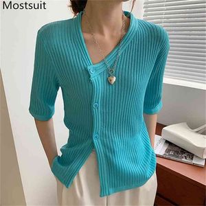 Koreanische stilvolle einreihige Strickjacke Pullover Frauen Sommer Kurzarm V-Ausschnitt asymmetrische Strickwaren Tops Jumper Femme 210513