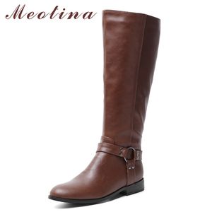 Winter Riding Boots Women Zipper Flat Knee High PU Leather Round Toe Tall Shoes Lady Autumn Plus Size 34-43 210517