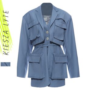 Kvinnor Blue Pocket Split Joint Big Storlek Blazer Lapel Långärmad Lös passform Jacka Mode Vår Höst Safari Coats 210608