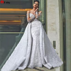 2022 Elegant Full Spitze Meerjungfrau Brautkleider mit abnehmbarer Zug von der Schulter Perlen Appliziert Bridalkleid Custom Made Robe de Mariée 9x1